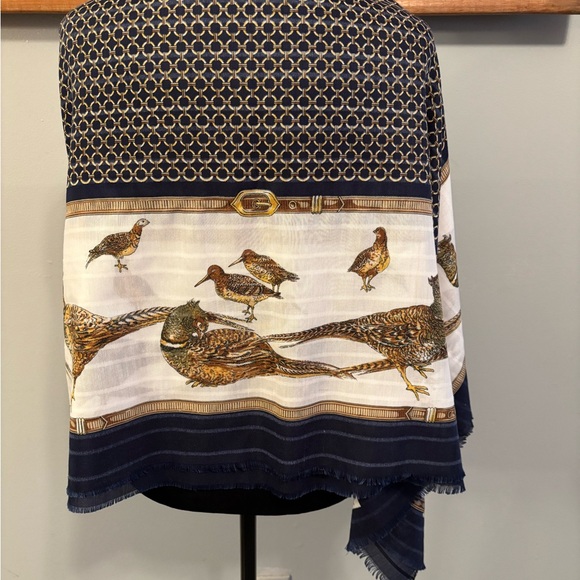 Jim Renoir Vintage Extra Large Square Pheasant Scarf 46x46 EUC Blue/White/Gold - Picture 11 of 14